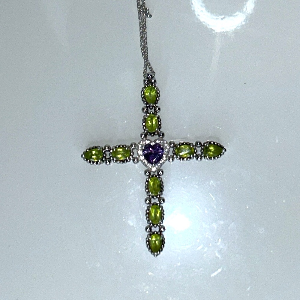 NWOT Chuck Clemency Sterling Silver, Amethyst, Peridot Cross Necklace Bohemian